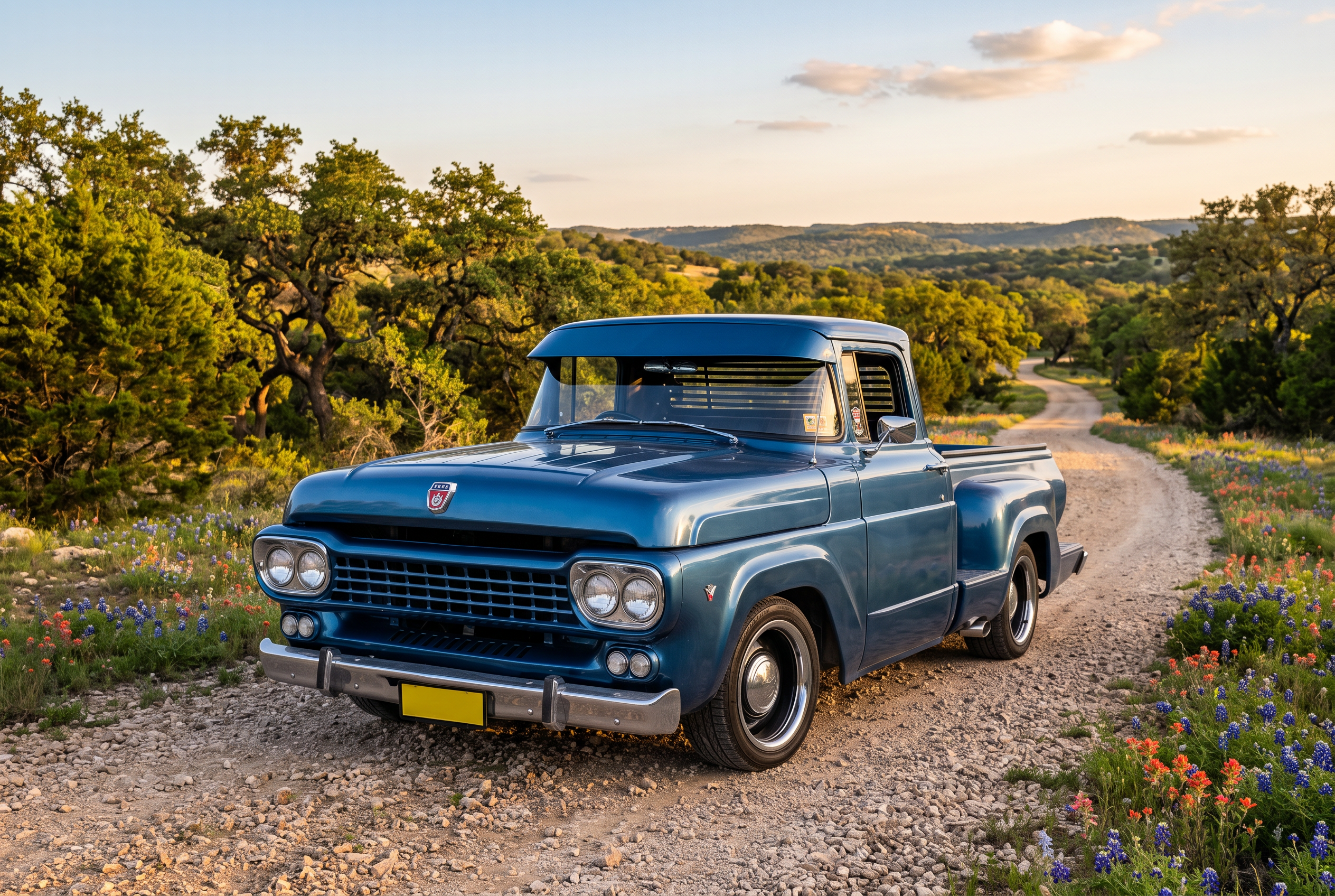 Classic blue vintage Ford pickup on a Hill Country road with bluebonnets
