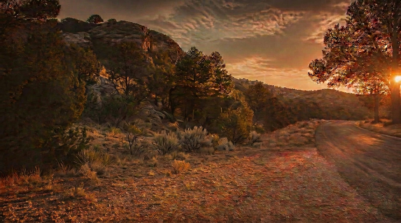 Vintage blue GMC step van on a Texas Hill Country road at sunset
